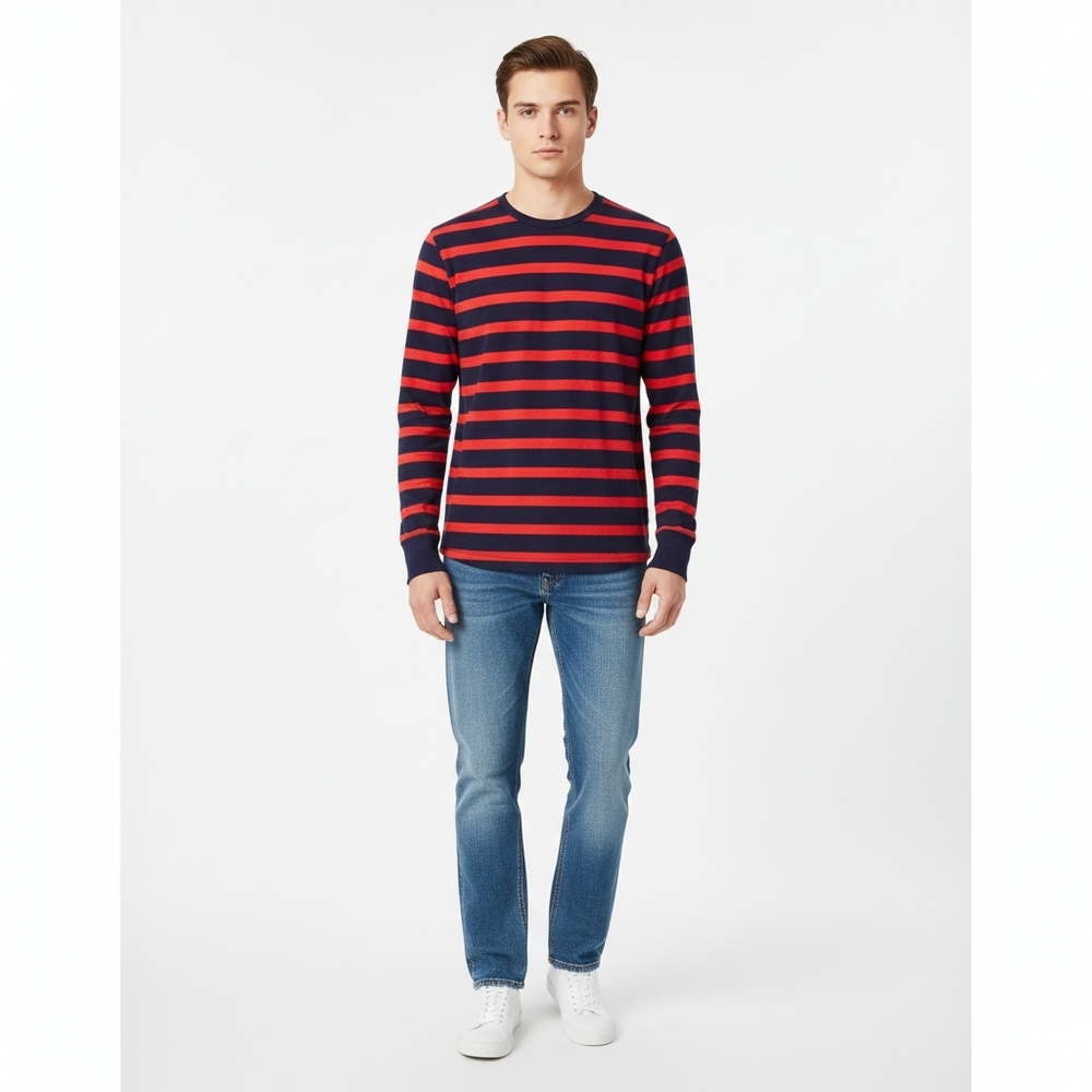 Gap Men's Unisex T-Shirt Size S Navy Blue & Red Striped Long Sleeve Crew Neck